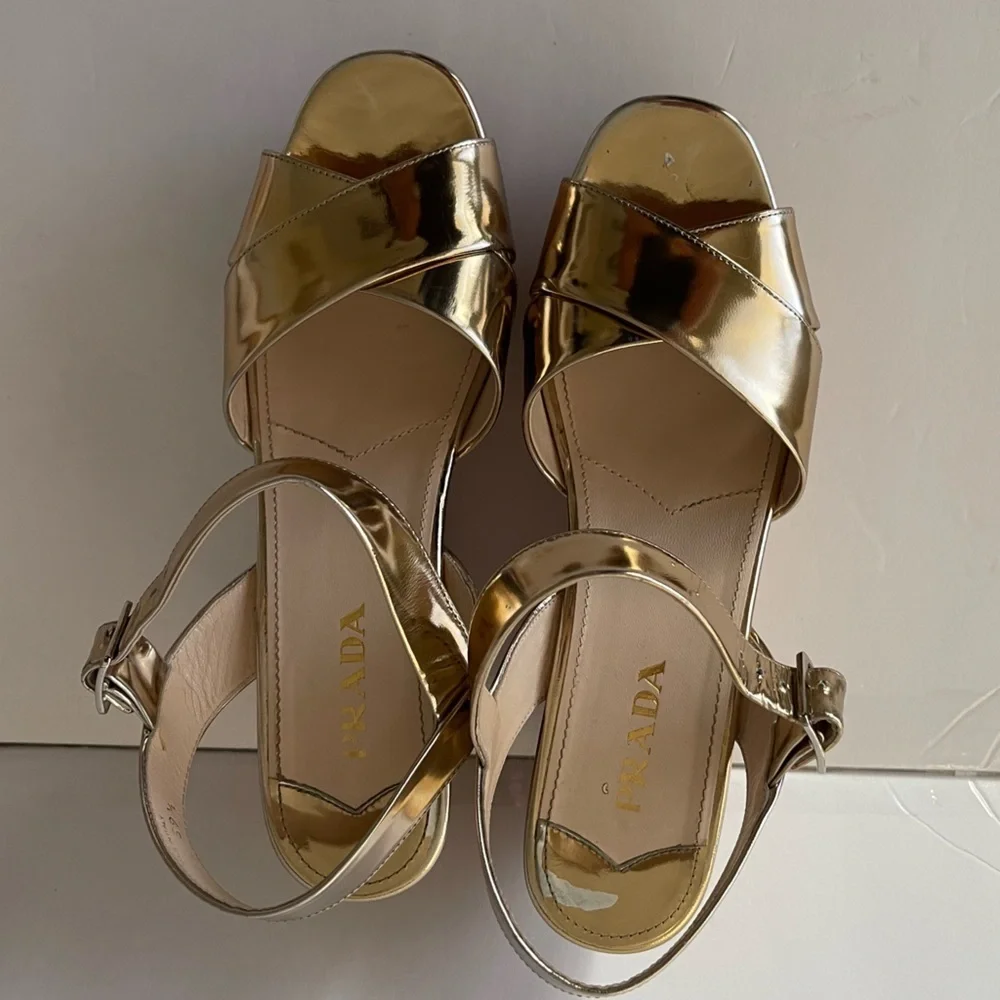 Prada Gold Metallic Cork Wedge Sandals